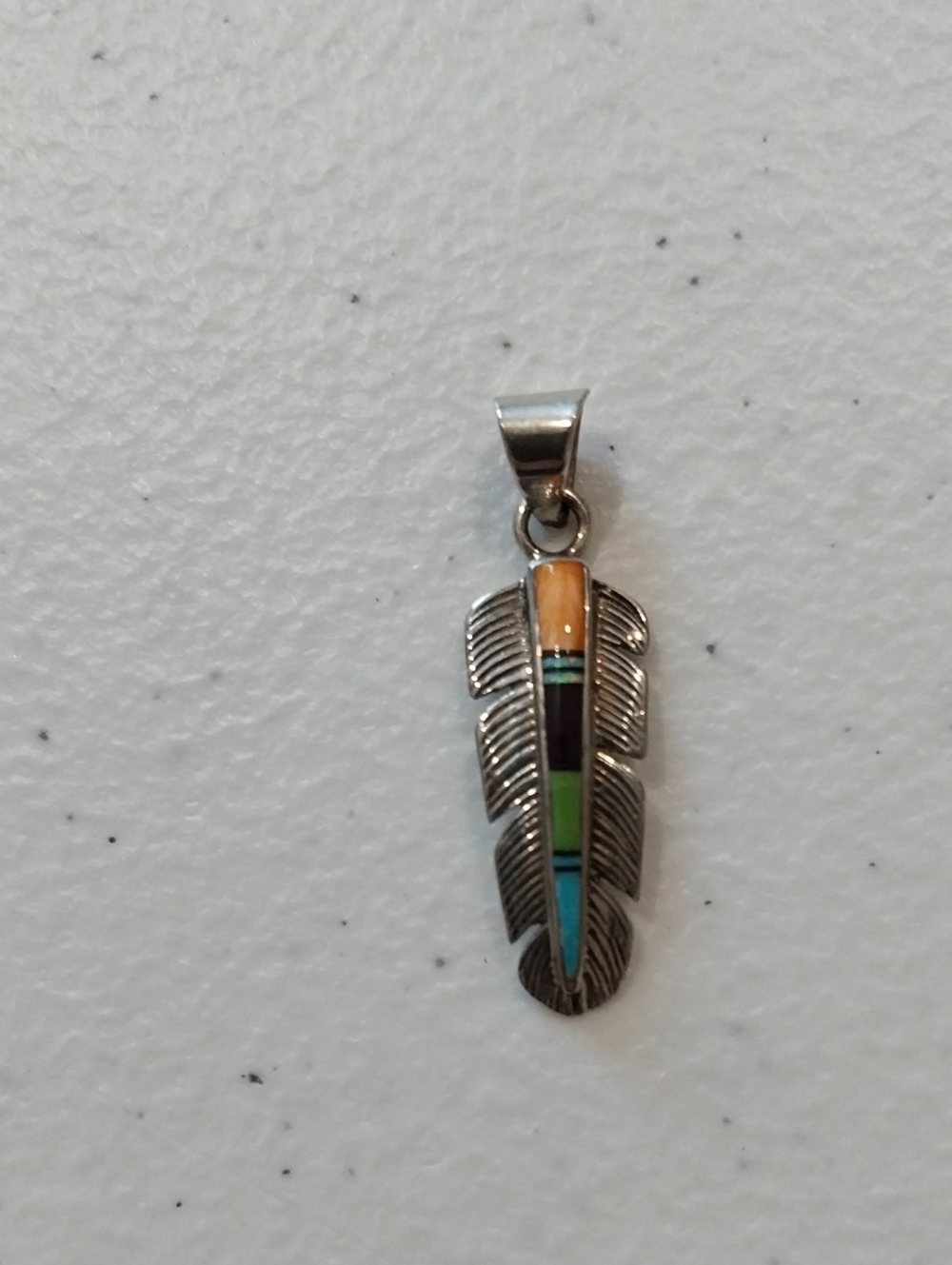 Sterling Silver Feather Pendant with Multicolor Inlay